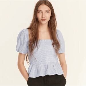 J Crew Squareneck smocked cotton voile top light blue gingham check puff sleeve